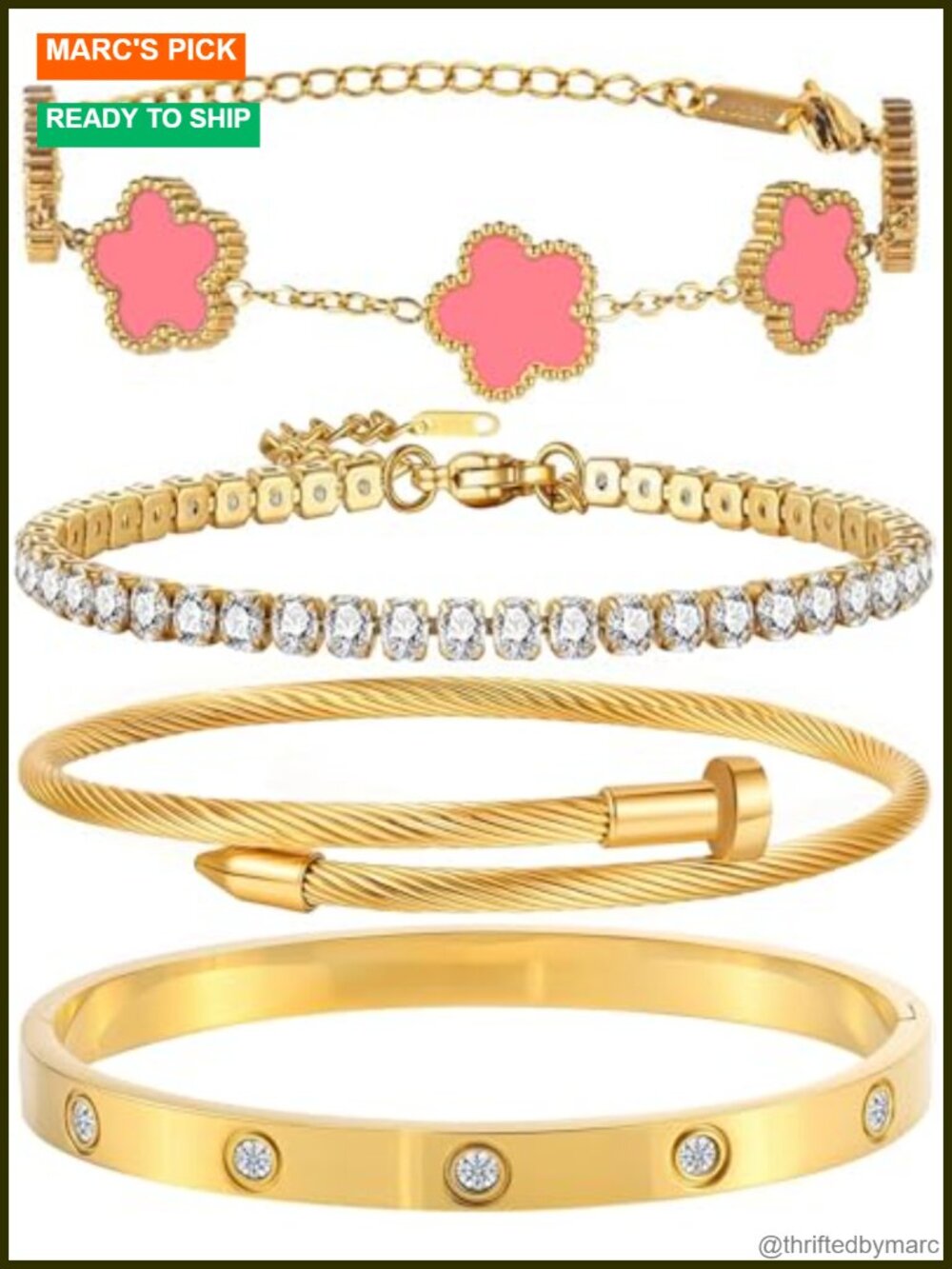 18K Gold Plated Bangle Bracelet Set Stackable Floral Adjustable Tennis Women
